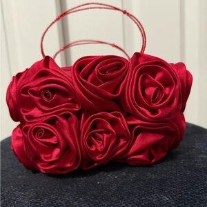 Elegant Satin Rose Evening Bag With Beaded  Handle